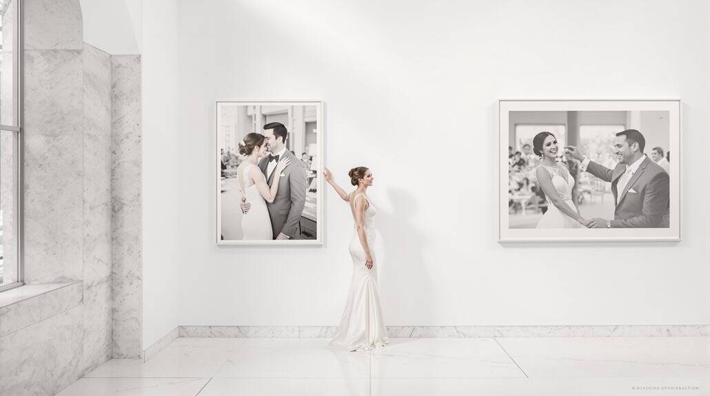 Bride and groom dancing in art gallery with black and white photos.