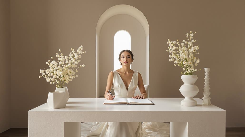 Bride sitting at a white table with floral arrangements in a minimalist setting.