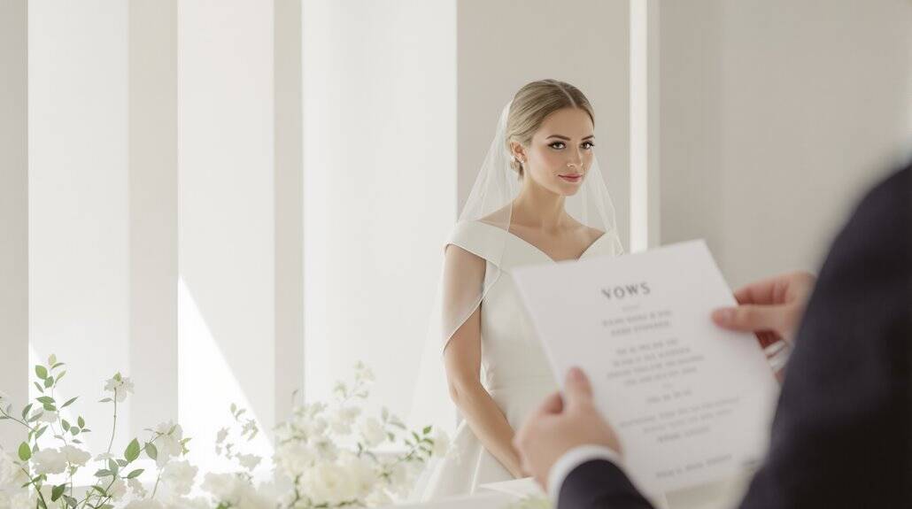 Bride with veil and wedding dress during ceremony, holding her bouquet.