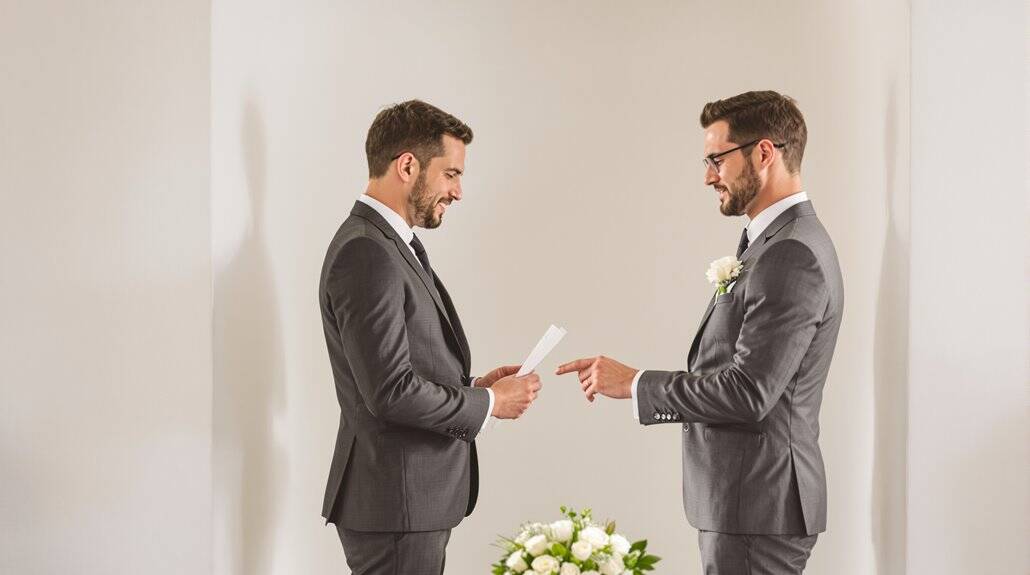 Two grooms exchanging vows during a wedding ceremony, dressed in formal suits.