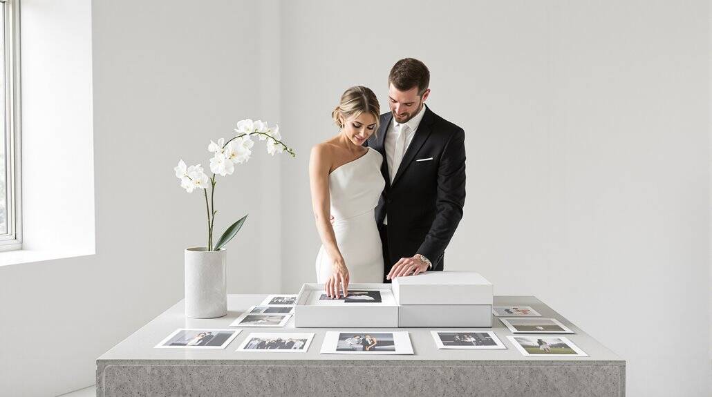 Elegant wedding couple viewing photo album at a modern gallery table.