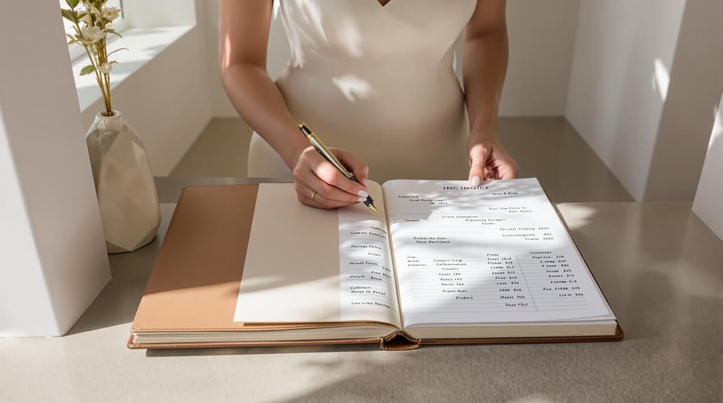 Woman reviewing wedding planning book with menu and details.