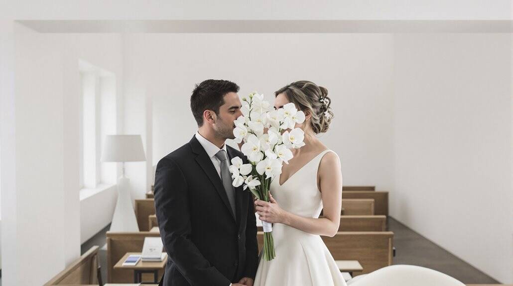 Bride and groom exchanging vows in a minimalist wedding chapel.
