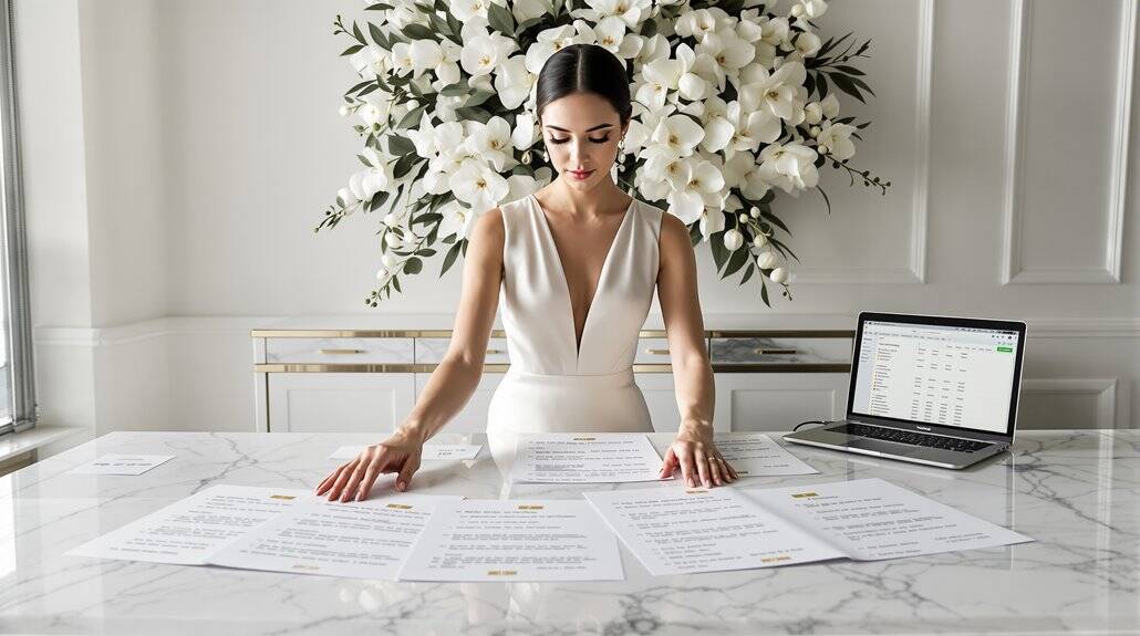 Bride reviewing wedding plans with documents and laptop in elegant venue.