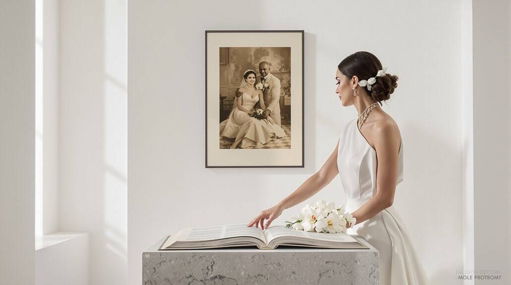 Beautiful bride in white wedding dress with floral accessories.