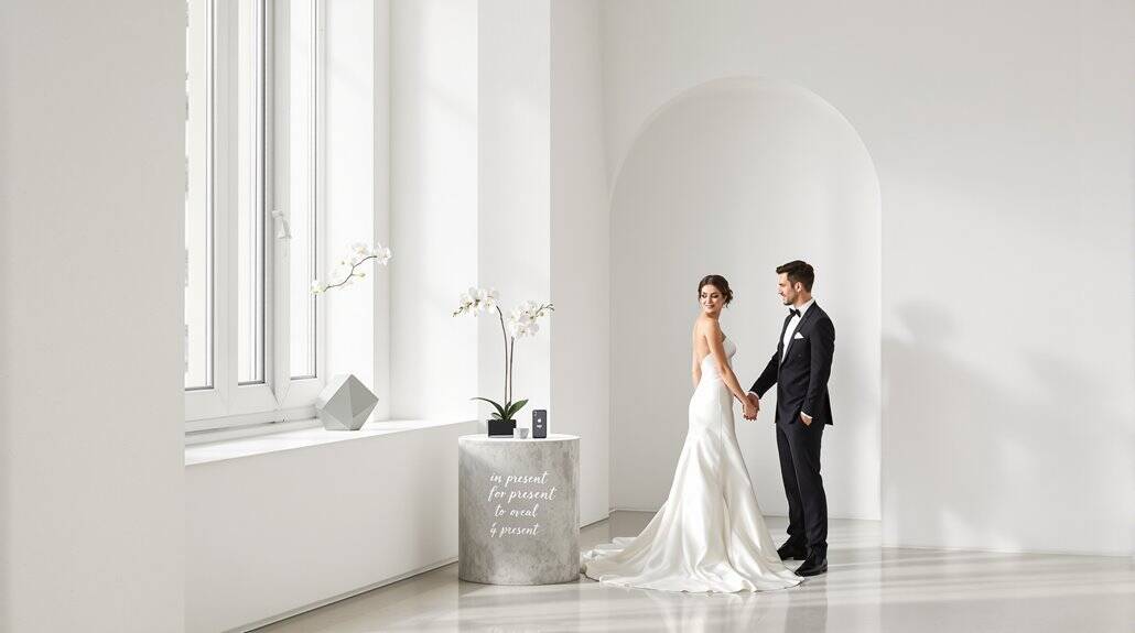 Elegant wedding couple holding hands in a bright, minimalist venue.