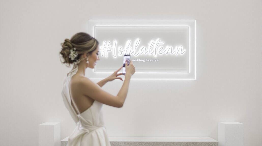 Bride taking a photo of a neon wedding hashtag sign with her phone.