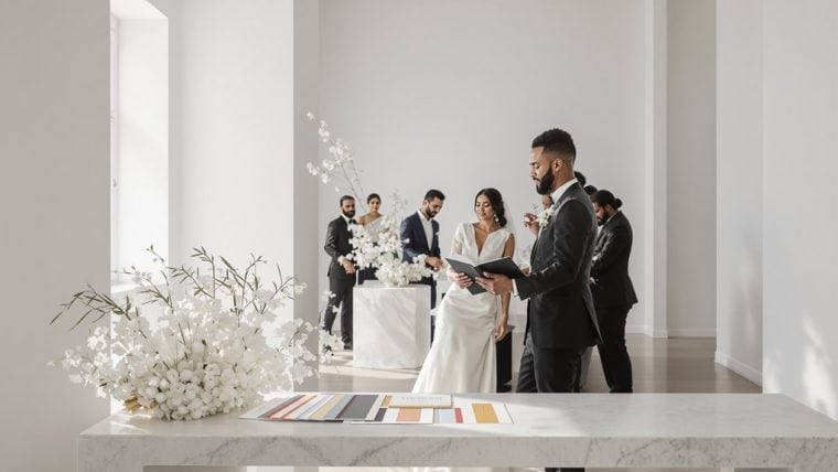 Elegant wedding ceremony with bride and groom exchanging vows in a modern, minimalist venue.