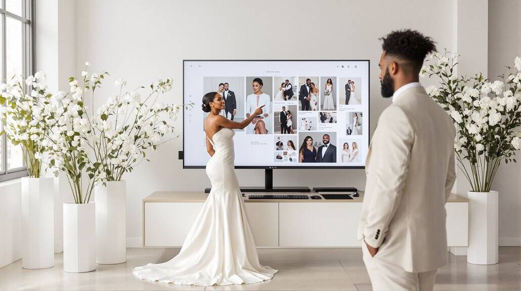 Bride and groom reviewing wedding photos on a large screen in a modern, elegant setting.