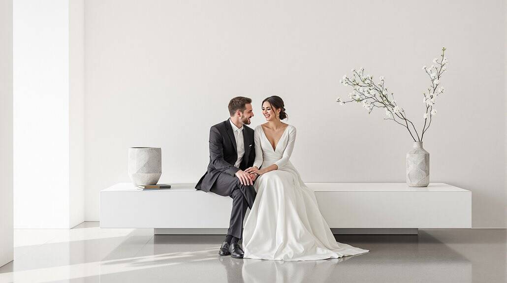 Elegant wedding couple sitting on a modern white bench with minimalist decor.