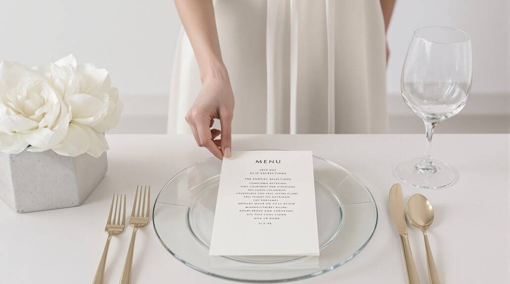 Elegant wedding table setting with a menu card, glassware, and cutlery for a sophisticated event.