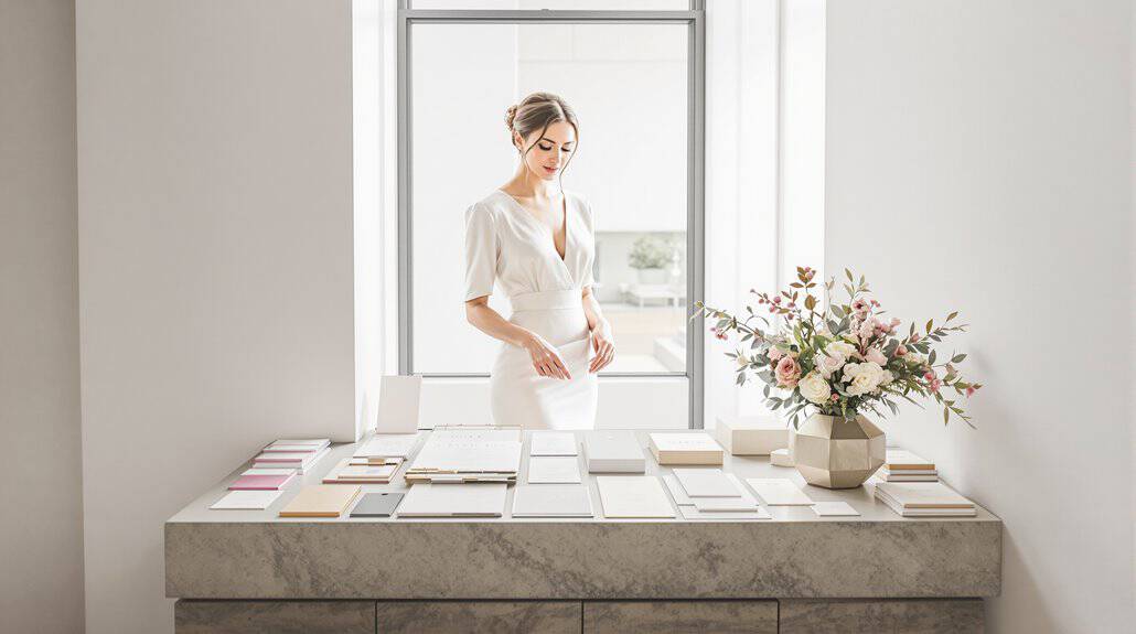 Elegant wedding dress on display with floral arrangement in bright room.