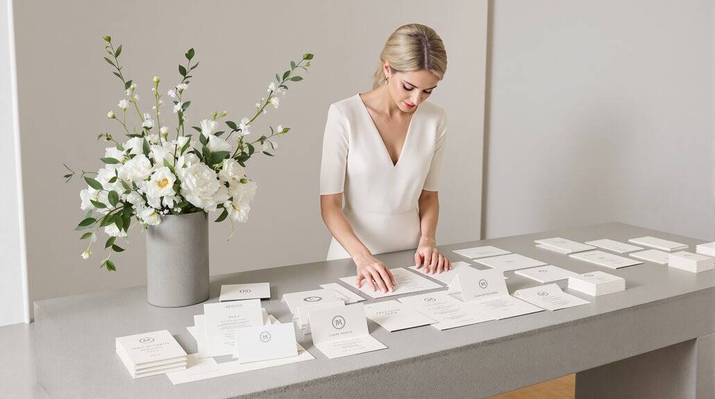 Bride organizing wedding invitations on a modern table with floral decor.