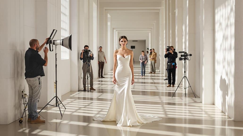Bride in elegant wedding gown during photoshoot in grand hall.