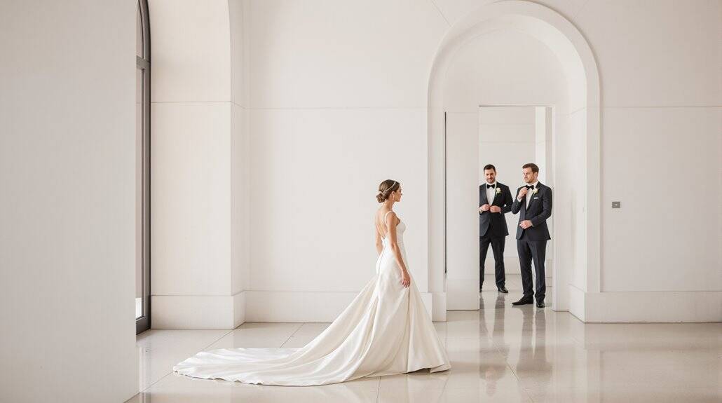 Bride in wedding gown facing two grooms in a modern, minimalist venue.
