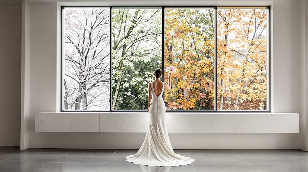 Bride in a white wedding gown looking out the window with seasonal trees outside.