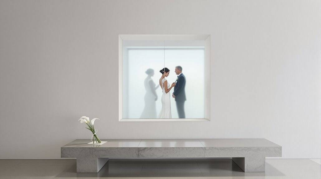 Silhouette of a bride and groom in a minimalist, modern wedding scene with soft lighting.