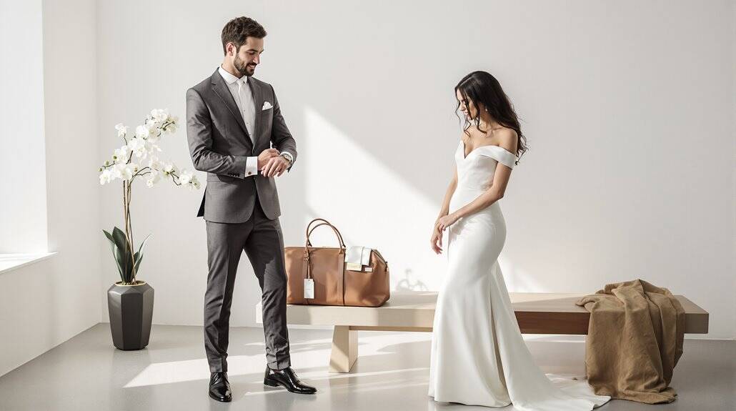 Bride in elegant white wedding gown and groom in tailored gray suit with bow tie.