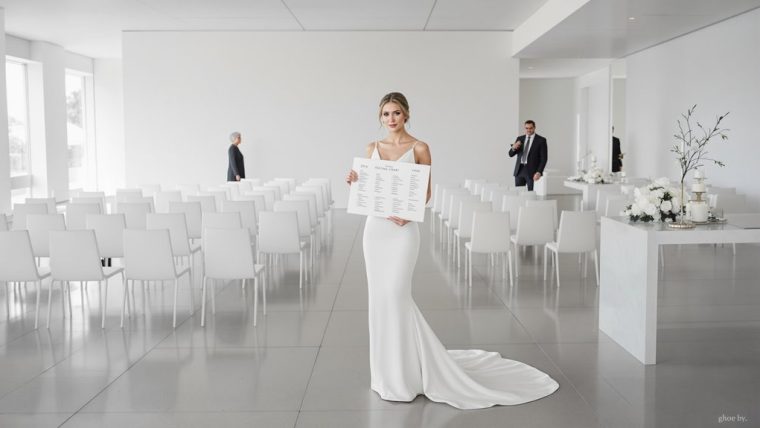 Bride holding seating chart at modern wedding venue with white decor.