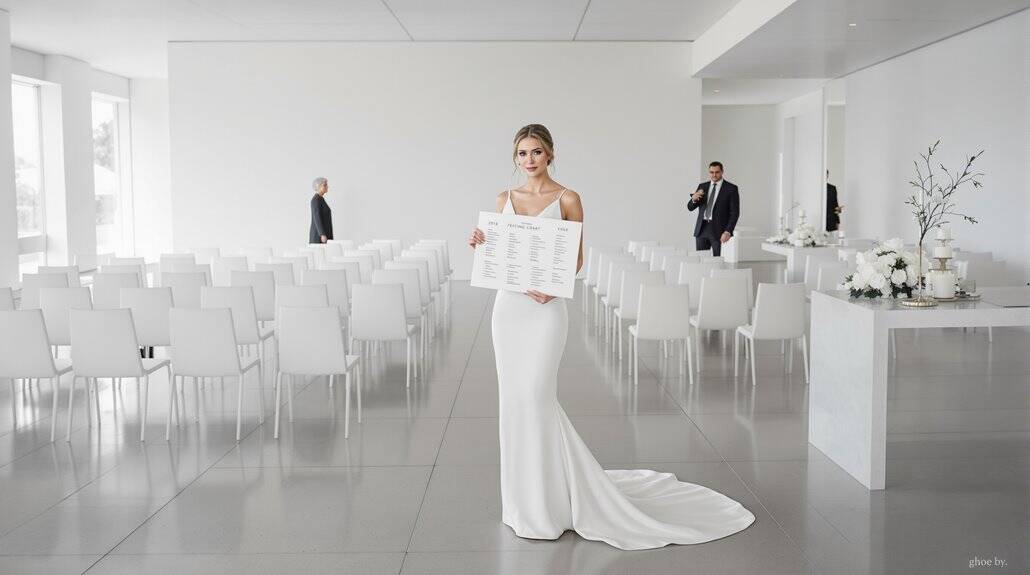 Bride holding seating chart at modern wedding venue with white decor.