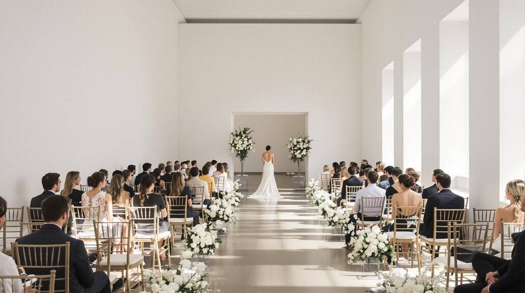Elegant wedding ceremony with bride and guests in a modern, bright venue.
