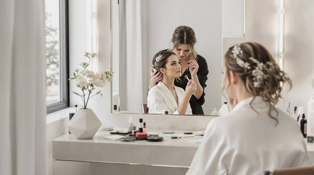 Bride getting makeup done by a professional artist in a bright, modern salon.