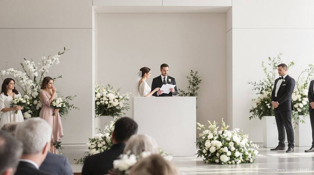 Bride and groom exchanging vows at a modern wedding ceremony.