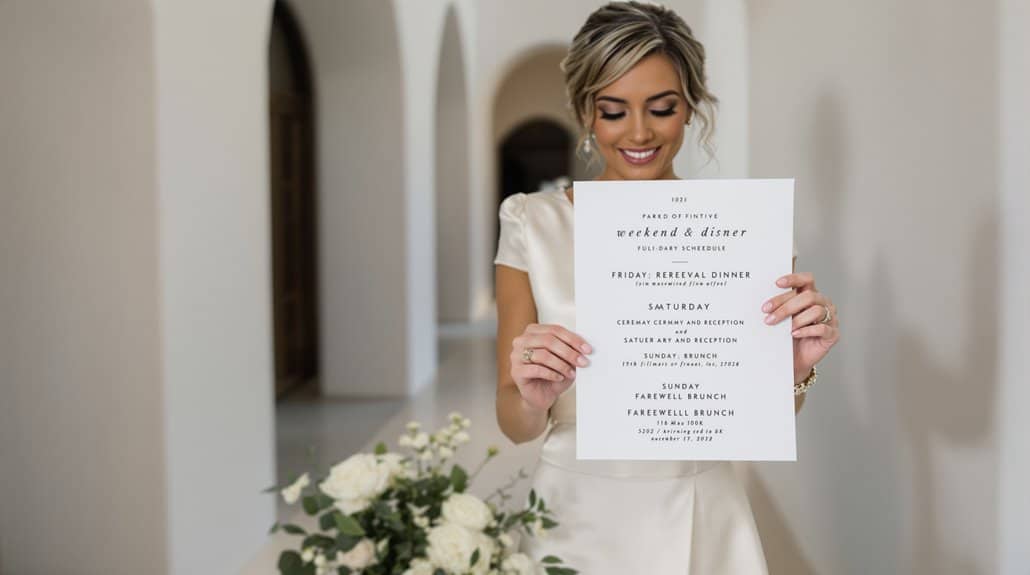 Bride holding wedding reception invitation in elegant venue.