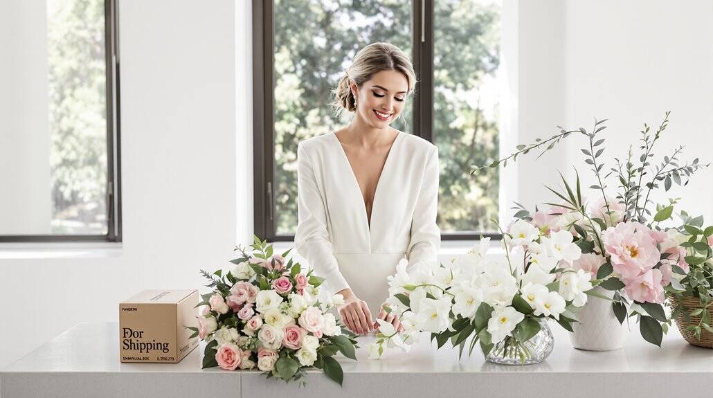 Beautiful bride arranging elegant wedding flowers with pink and white blooms.