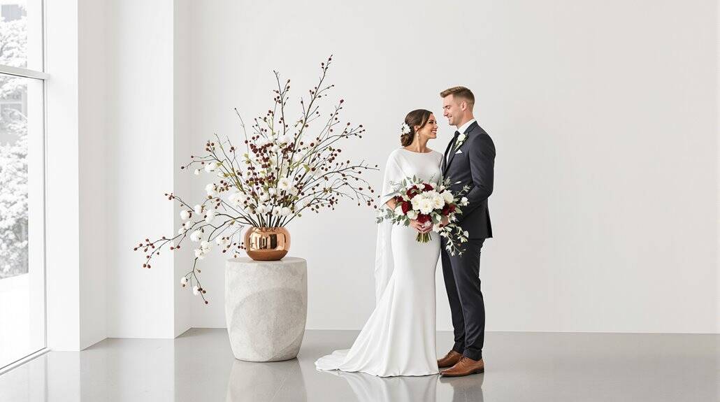 Bride and groom exchanging vows in a modern, minimalist wedding setting.