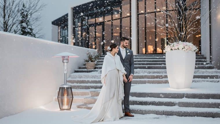 Romantic winter wedding couple outdoors with snow and modern architecture background.