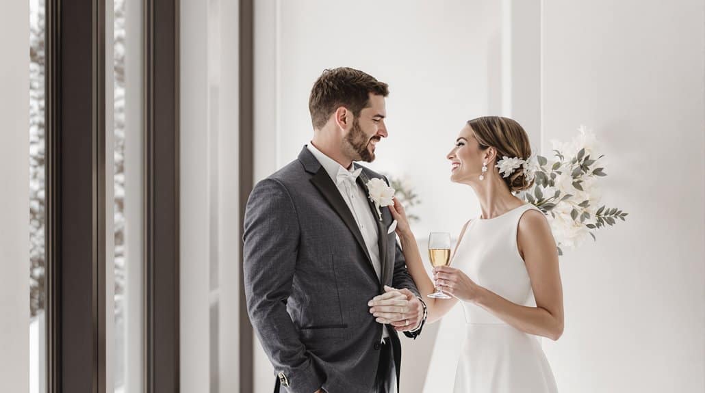 Happy bride and groom sharing a toast at their wedding celebration.