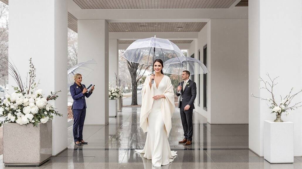 Bride walking with umbrella at modern wedding venue.